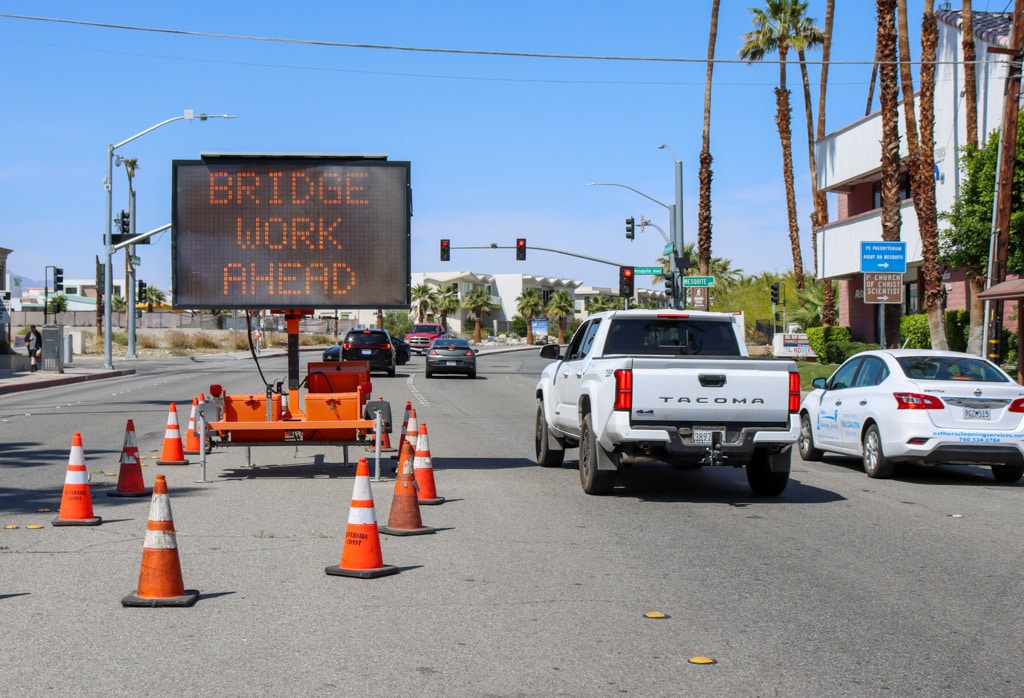 Construction activity associated with a Palm Springs bridge project.